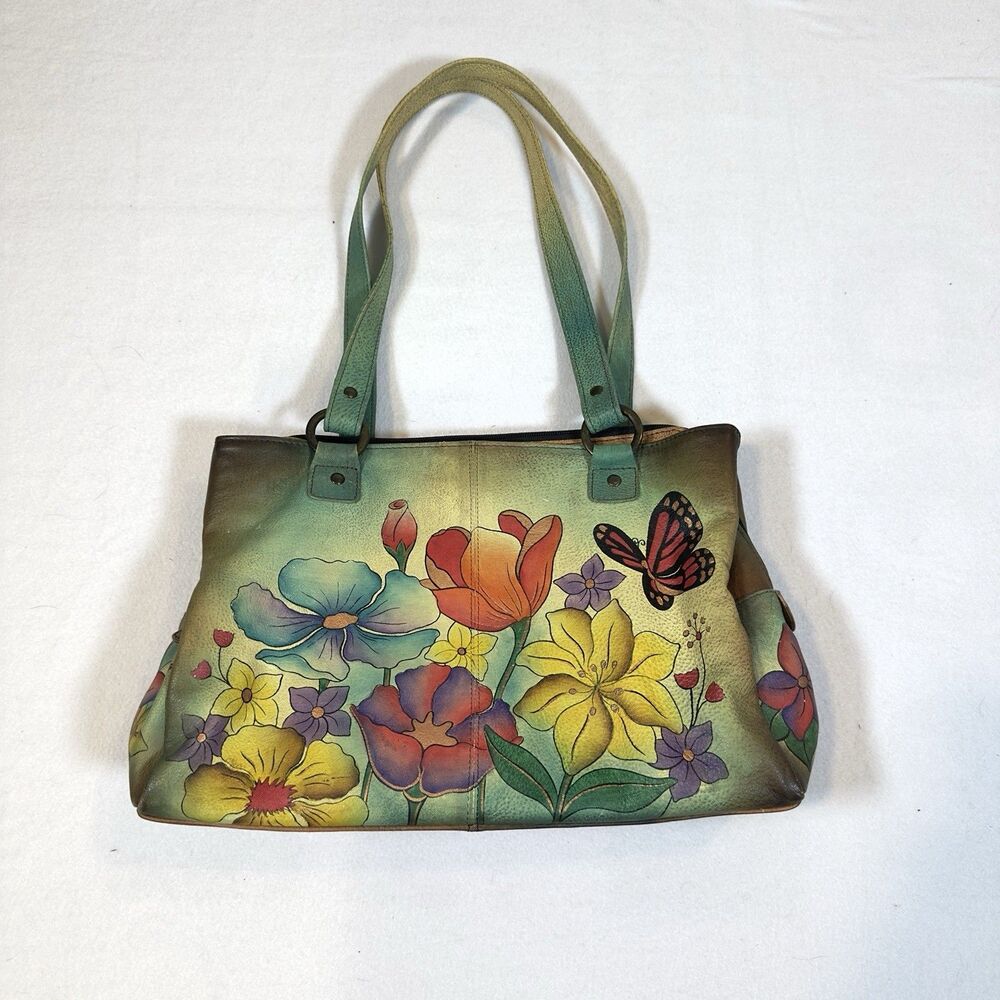 Anuschka Hand Painted Leather Multi Compartment Tote Bag Dragonfly Green